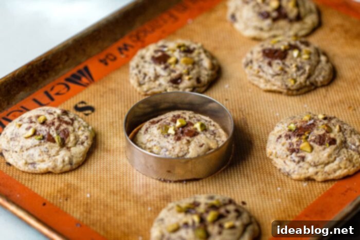 Zesty Orange Pistachio Chocolate Chunk Cookies 6 Demonstration of how to scoot a warm cookie into a perfect circle