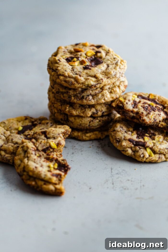 Zesty Orange Pistachio Chocolate Chunk Cookies 8 A stack of freshly baked Orange Pistachio Chocolate Chunk Cookies