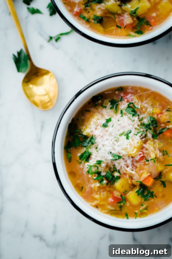 Delicious and easy slow cooker vegetarian lentil soup for winter A bowl of slow cooker winter vegetable soup with red lentils, ready to be served