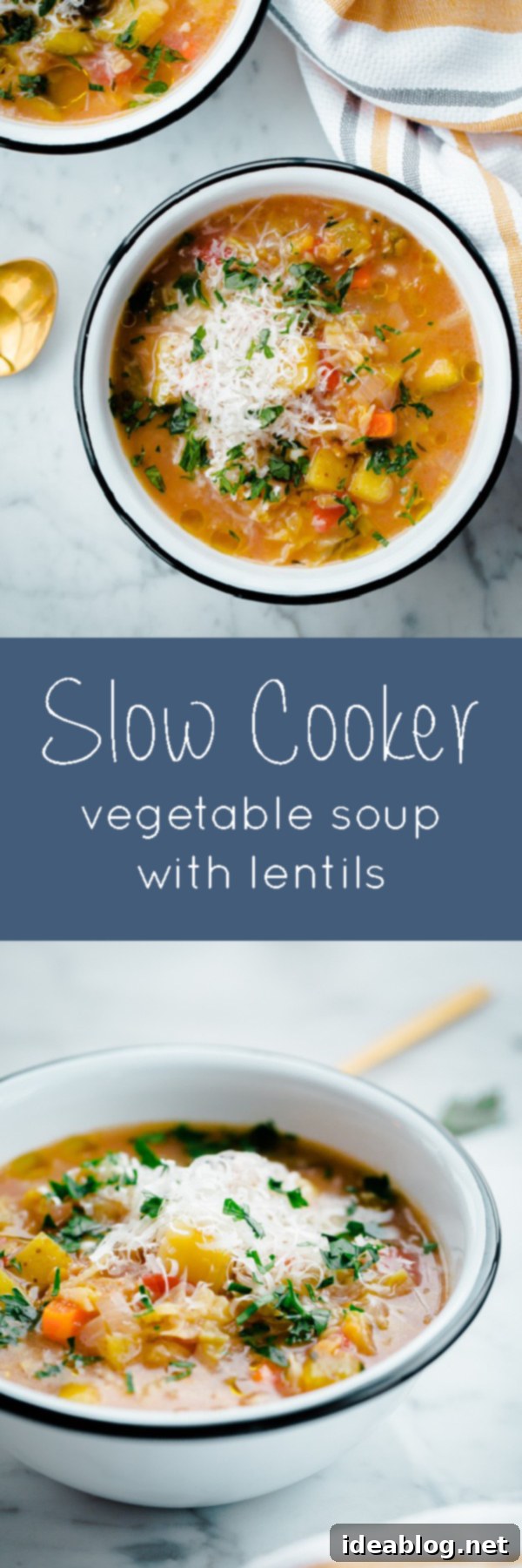 Healthy and delicious slow cooker winter vegetable soup with split red lentils Large pot of slow cooker winter minestrone soup with red lentils and fresh herbs