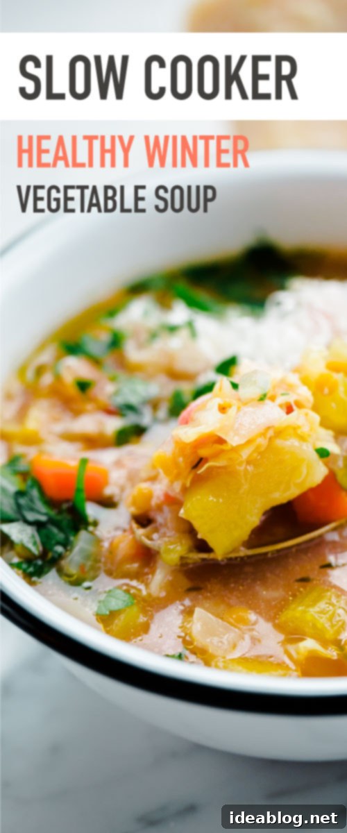 Easy and wholesome slow cooker vegetarian soup recipe Close-up of a rustic bowl of slow cooker winter vegetable soup with red lentils, ready to eat