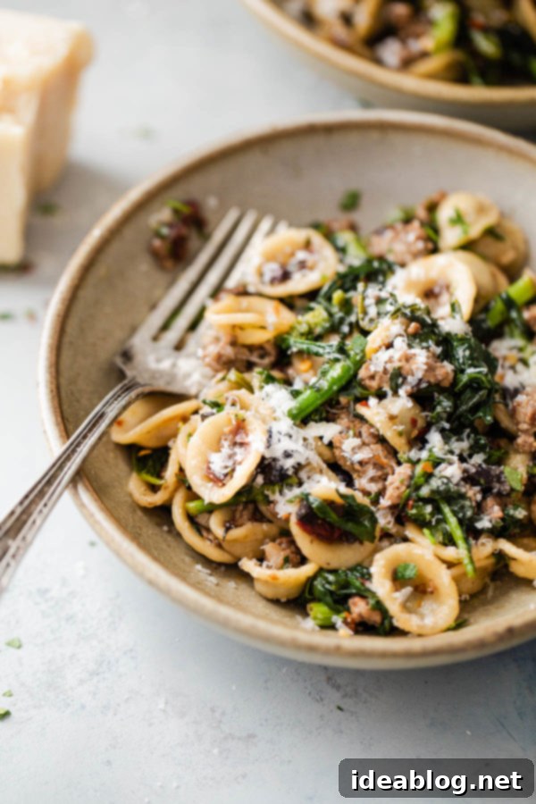 Broccoli Rabe Sausage Pasta - this simple pasta recipe is bursting with flavor, and comes together so quickly. Slightly bitter broccoli rabe and spicy Hot Italian pork sausage are combined with umami rich sun-dried tomatoes and briny kalamata olives. This pasta is a crowd-pleaser and one of our favorite weekday dinner recipes! #abeautifulplate #broccolirabe #dinnerrecipes #pastarecipes #weeknightdinners #porksausage Close-up of Broccoli Rabe and Sausage Pasta, ready to serve
