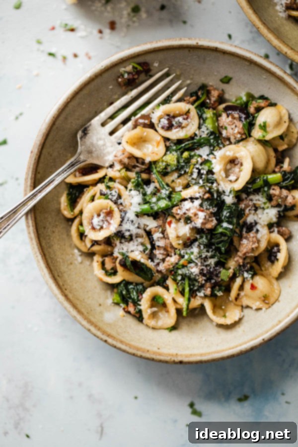 Broccoli Rabe Sausage Pasta - this simple pasta recipe is bursting with flavor, and comes together so quickly. Slightly bitter broccoli rabe and spicy Hot Italian pork sausage are combined with umami rich sun-dried tomatoes and briny kalamata olives. This pasta is a crowd-pleaser and one of our favorite weekday dinner recipes! #abeautifulplate #broccolirabe #dinnerrecipes #pastarecipes #weeknightdinners #porksausage Broccoli Rabe and Sausage Pasta in a large skillet