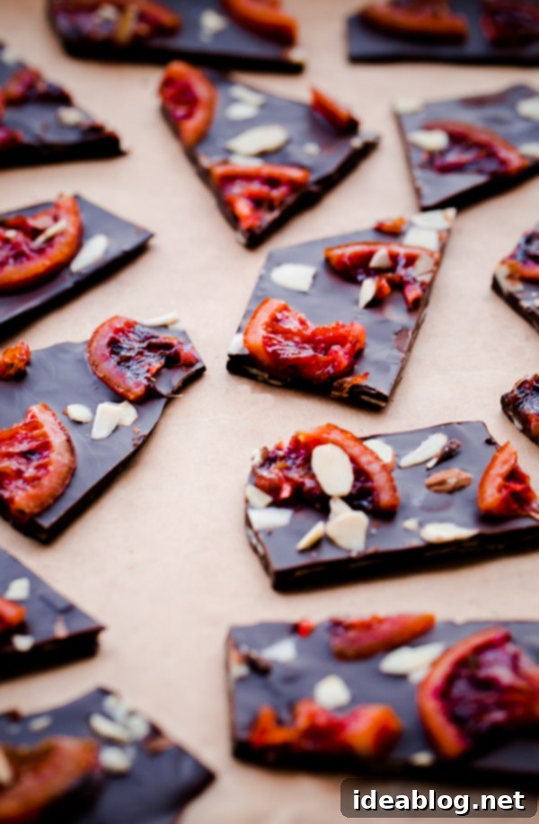 Blood Orange Almond Dark Chocolate Shards 2 Blood Orange Chocolate Bark with Almonds