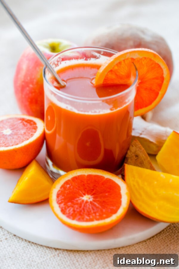Zingy Orange Ginger 2 Orange Ginger Splash Pressed Juice in a glass with ingredients around