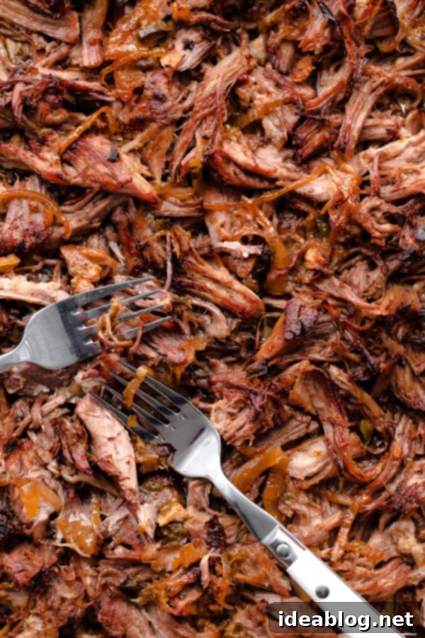 Slow Cooker Carnitas: Tender, juicy pork cooked to perfection for your taco bites. Close-up of shredded slow cooker carnitas, ready to be broiled for crispy edges.