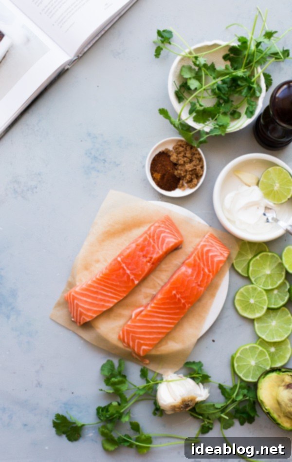 Brown Sugar and Chili Rubbed Salmon with Avocado Crema. An easy, delicious healthy dinner that comes together in less than 30 minutes!  Ingredients for Chili Rubbed Salmon with Avocado Crema