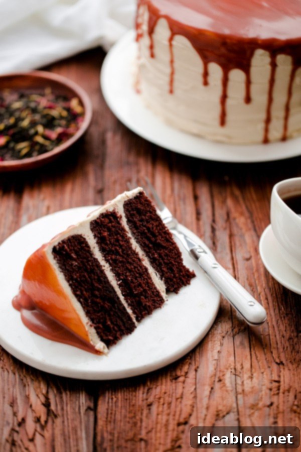 London Fog Dream Cake 8 A stunning London Fog Cake, expertly assembled with chocolate layers, Earl Grey buttercream, and a generous pour of salted caramel.