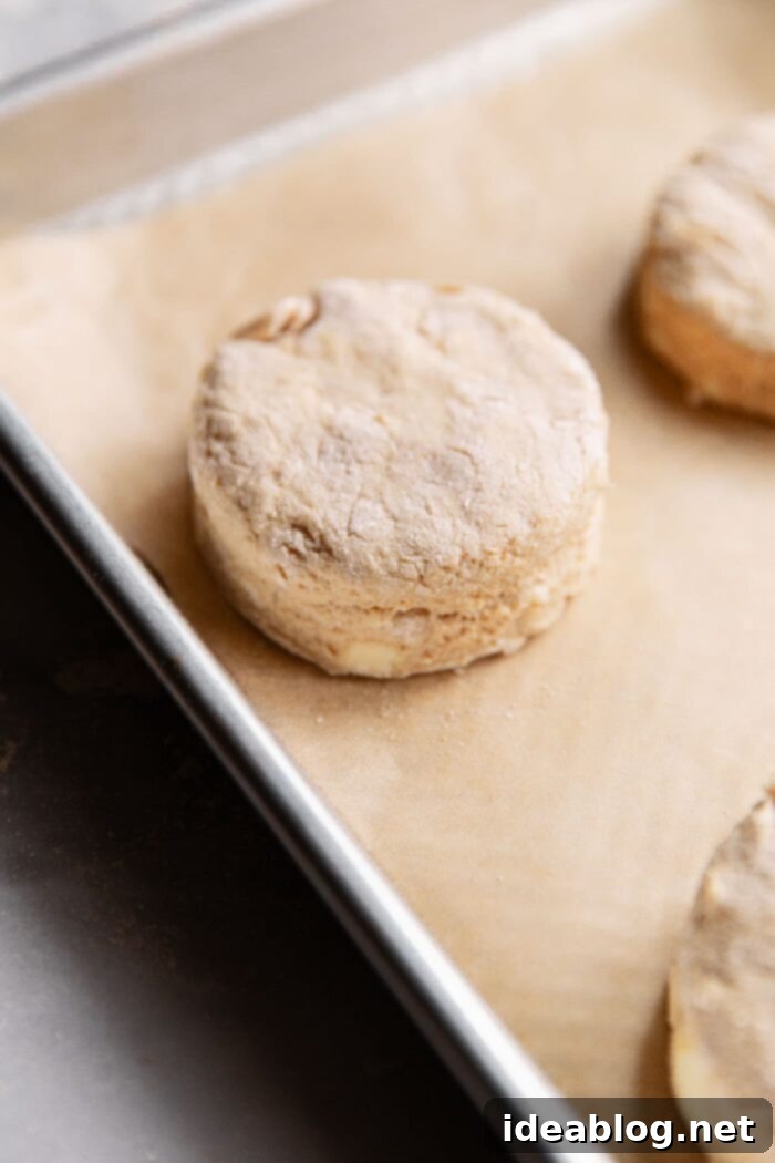 Simple, Wholesome Wheat Biscuits 11 Freshly cut whole wheat biscuits arranged on a parchment-lined baking sheet.