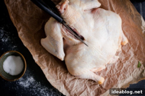 Flat Chicken Big Flavor 4 Step-by-step guide to spatchcocking a chicken, detailing how to remove the backbone with kitchen shears for a flat, roast-ready bird.