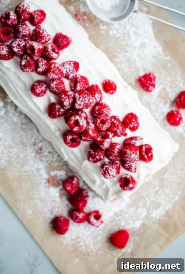 Raspberry roll cake – vanilla sponge roll cake filled with fresh raspberries, raspberry preserves, and vanilla whipped cream. This light summer cake recipe is a family favorite! #rollcake #spongecake #raspberry #abeautifulplate #recipe #dessert  Raspberry Roll Cake topped with Fresh Raspberries