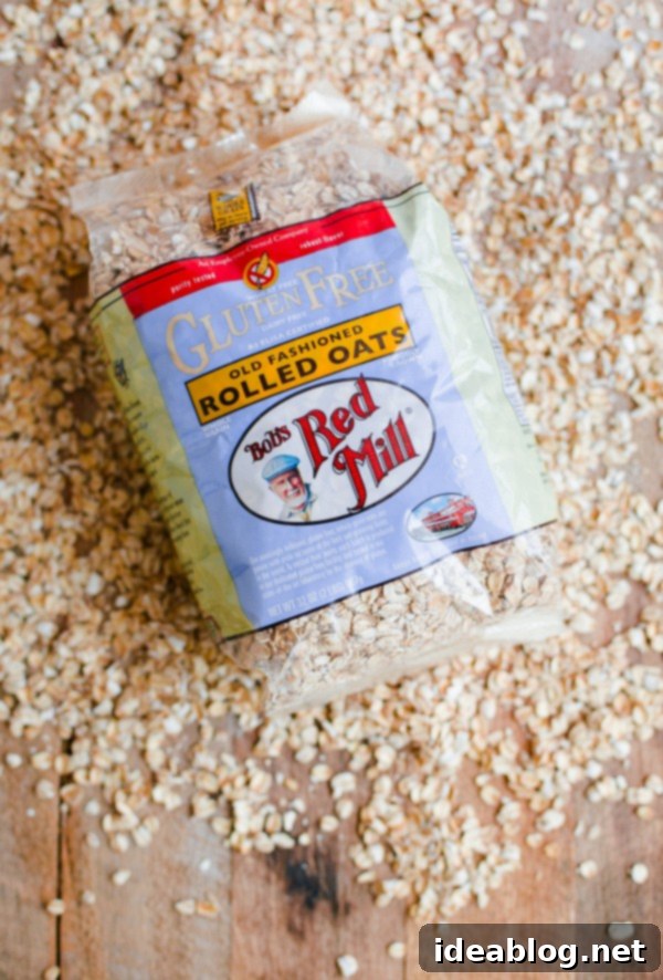 High-Quality Bob's Red Mill Gluten-Free Rolled Oats for baking and cooking Bag of Bob's Red Mill Gluten Free Old Fashioned Rolled Oats, the key ingredient for this recipe