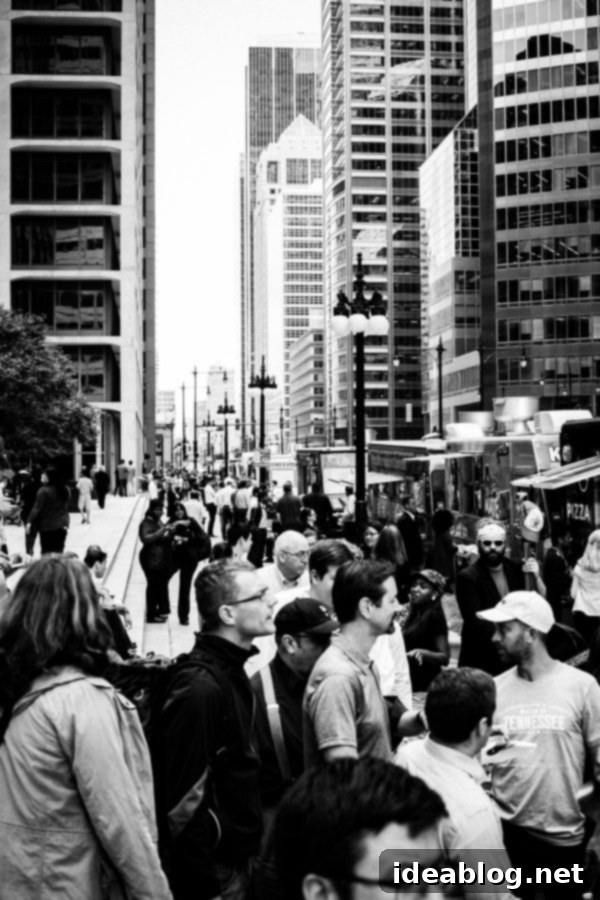 Downtown Chicago skyline with a vibrant food truck event featuring Tennessee BBQ