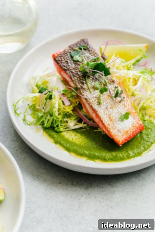 Sockeye Seared with Green Chile Adobo and Zesty Frisée 7 Crispy seared sockeye salmon with green chile adobo sauce and a simple frisée salad. This elegant, healthy main course can be prepared in less than 45 minutes!