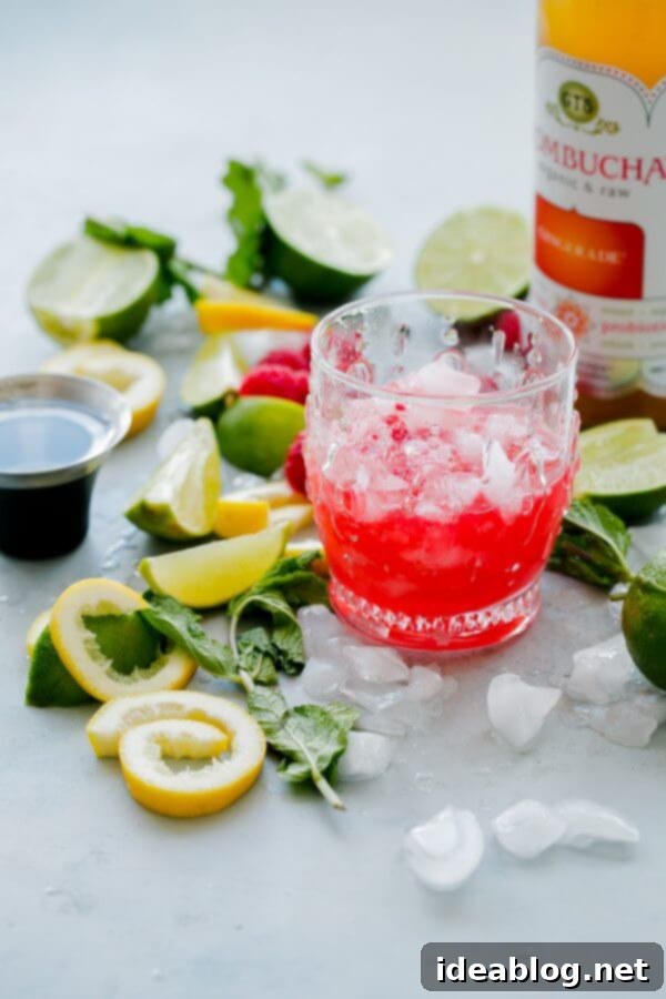 Kombucharita Punch. A refreshing summer cocktail made with kombucha! #kombucha #cocktail #punch #recipe #abeautifulplate Kombucha Punch Cocktail with Raspberries and Mint