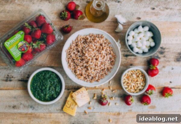 Strawberry Caprese Farro Salad. Hearty farro is tossed with homemade pesto, strawberries, tomatoes, and mozzarella cheese to create this beautiful summer grain salad! #salad #abeautifulplate #recipe #farro #caprese #mozzarella Strawberry Caprese Ingredients