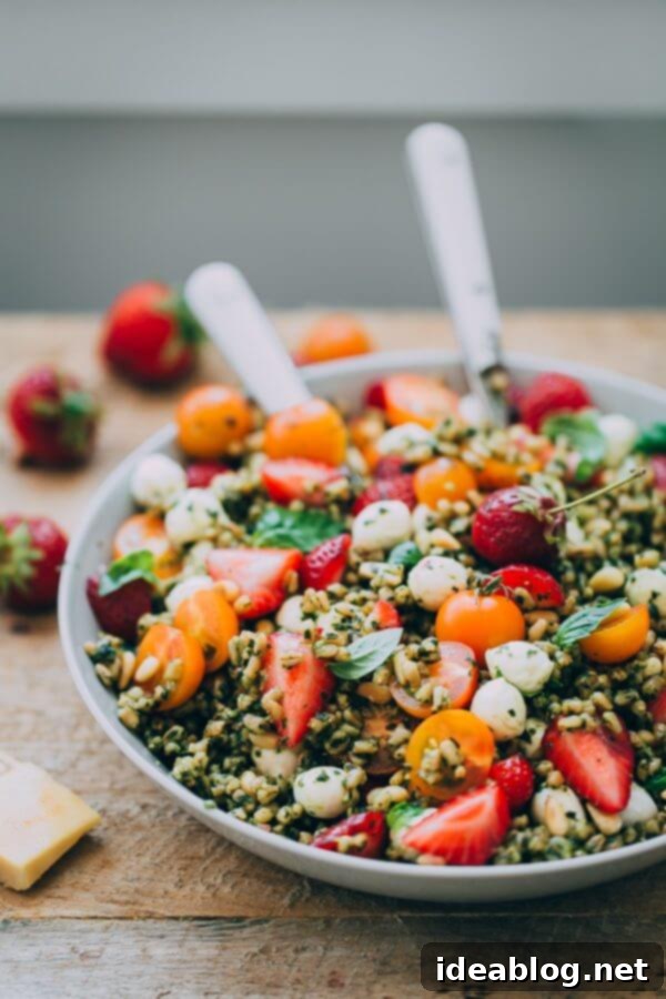 Strawberry Caprese Farro Salad. Hearty farro is tossed with homemade pesto, strawberries, tomatoes, and mozzarella cheese to create this beautiful summer grain salad! #salad #abeautifulplate #recipe #farro #caprese #mozzarella Strawberry Caprese Farro Sala