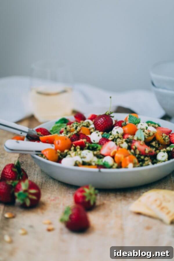 Strawberry Caprese Farro Salad. Hearty farro is tossed with homemade pesto, strawberries, tomatoes, and mozzarella cheese to create this beautiful summer grain salad! #salad #abeautifulplate #recipe #farro #caprese #mozzarella Strawberry Caprese Farro Salad