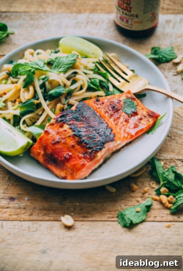 Sticky Glazed Salmon & Thai Noodle Salad 6 Thai Noodle Salad with Glazed Salmon. This flavor packed main course can be prepared in less than 45 minutes!