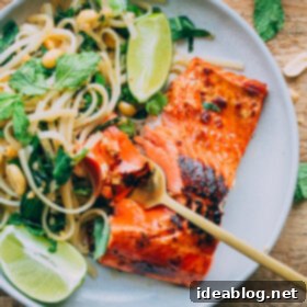 Sticky Glazed Salmon & Thai Noodle Salad 7 Thai Noodle Salad with Glazed Salmon. This flavor packed main course can be prepared in less than 45 minutes!
