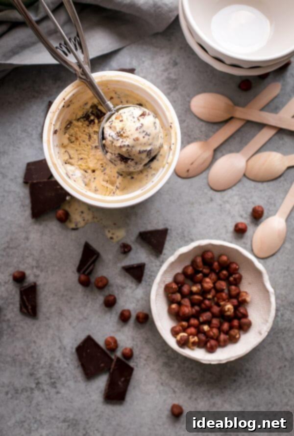 Homemade Chocolate Hazelnut Ice Cream - this rich homemade chocolate hazelnut ice cream doesn't skimp on hazelnut flavor. A creamy traditional ice cream base is infused with homemade hazelnut butter. Just as it finishes churning, we'll slowly pour in melted semi sweet chocolate chocolate to create the most delectable chocolate bits throughout! This is a special occasion ice cream recipe that's worth the extra effort. #dessert #recipe #icecream #hazelnut #chocolate A scoop of Homemade Chocolate Hazelnut Ice Cream, showing rich texture and chocolate flecks.