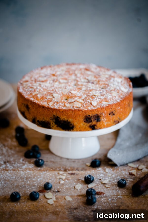 Artisan Blueberry Almond Tea Cake 2 Moist Blueberry Almond Tea Cake with fresh blueberries and sliced almonds on top, ready to be served.