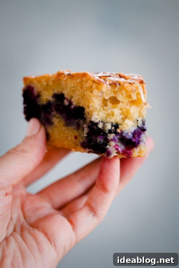 Artisan Blueberry Almond Tea Cake 4 Side view of a slice of Blueberry Almond Tea Cake on a plate, with a fork.