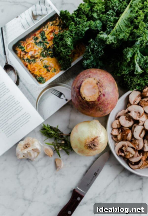 Ziti Bake with Rustic Rutabaga, Forest Mushrooms, and Vibrant Kale 3 Hearty Rutabaga Baked Ziti with Mushrooms and Kale: A delicious and healthy pasta alternative.
