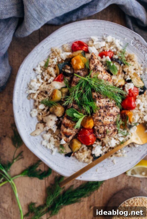 Za'atar Grilled Chicken Bulgur Bowls with Creamy Tahini Dressing 9 Za'atar Grilled Chicken Bulgur Bowls with Tahini Sauce - grilled chicken is paired with bulgur, roasted vegetables, feta cheese, and tahini sauce in PICTOGRAM