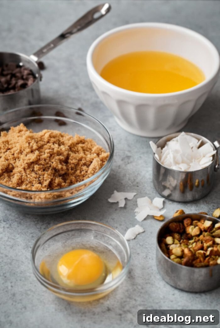 Effortless Blondies Endless Flavor Twists 3 Collection of fresh ingredients for an easy blondie recipe, including brown sugar, butter, eggs, and chocolate chips.