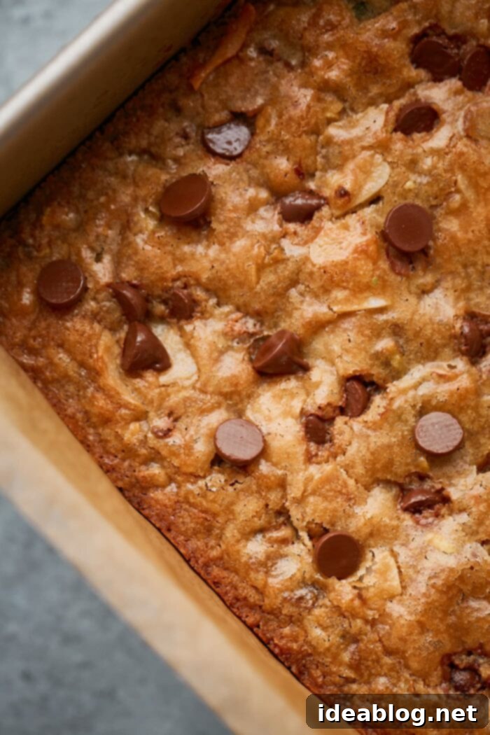 Effortless Blondies Endless Flavor Twists 9 Close-up of a baked blondie bar, showing its dense, moist, and chewy texture with visible add-ins.