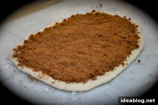 Easy No-Yeast Cinnamon Rolls 5 Filled Yeast Free Cinnamon Roll Dough - Rolled out dough covered evenly with cinnamon sugar filling, ready for rolling.
