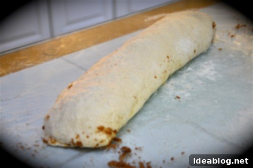 Easy No-Yeast Cinnamon Rolls 6 Rolled Yeast Free Cinnamon Rolls - A tightly rolled log of cinnamon roll dough, showing the beautiful spiral before slicing.