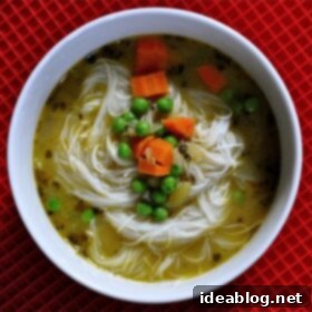 Comforting Chicken Rice Noodle Soup 9 A bowl of Faux Chicken Rice Noodle Soup, ready to be served.