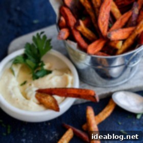 Golden Spiced Sweet Potato Fries with Creamy Garlic Aioli 8 Crispy Baked Spiced Sweet Potato Fries with Garlic Aioli. A comforting fall appetizer or snack!