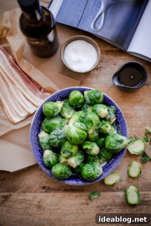 Caramelized Maple Bacon Brussels Sprouts 3 Sweet and Salty Brussels Sprouts side dish with crispy bacon, balsamic vinegar, and maple syrup, beautifully plated.