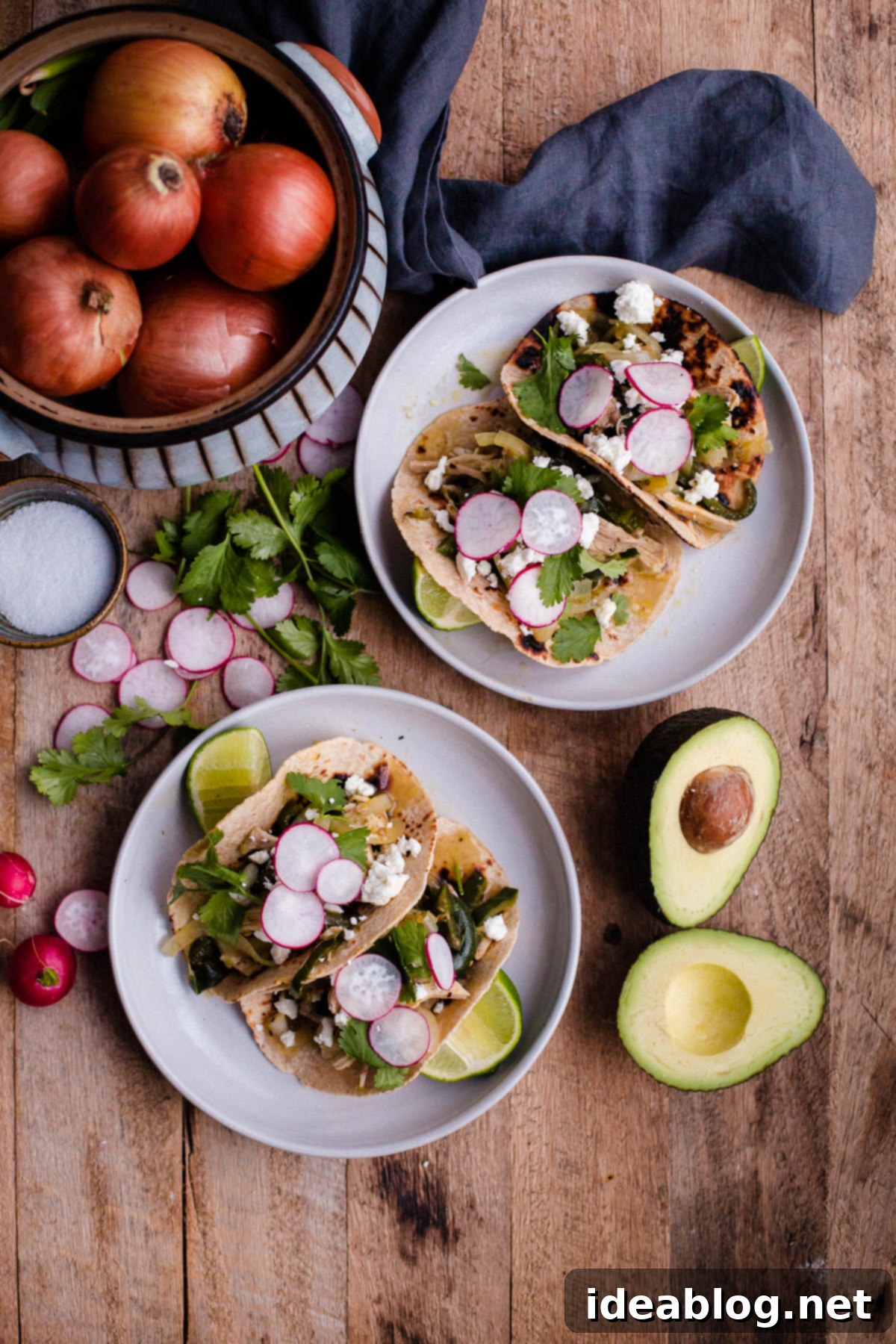 Salsa Verde Chicken Tacos Salsa Verde Chicken Tacos. These easy chicken tacos are made with braised chicken thighs, poblano peppers, onions, and roasted tomatillo salsa!