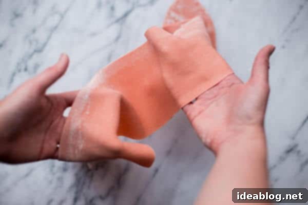 Homemade Pappardelle Pasta - a simple traditional egg pasta dough recipe made with all-purpose flour, semolina, and eggs! Made traditionally or naturally colored (pink!) with beet puree. #pasta #recipe #pappardelle #homemade #italian #abeautifulplate Rolled Homemade Pappardelle Pasta Dough