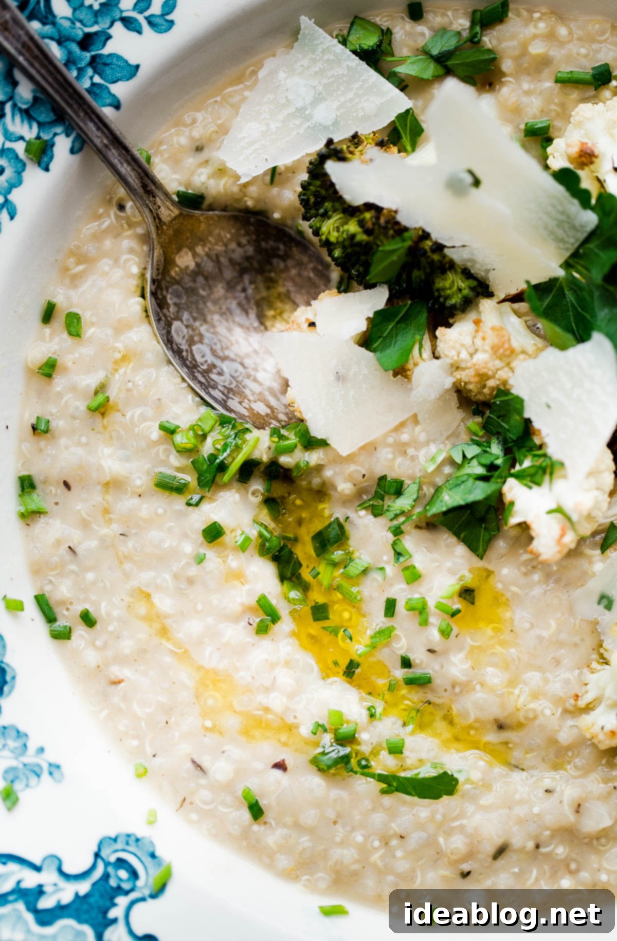 A vibrant and healthy quinoa risotto, made creamy with white bean puree and generously topped with roasted brassica florets. Quinoa Risotto with White Beans and Roasted Brassicas