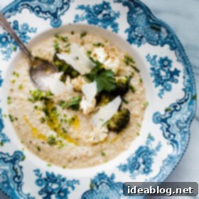 Creamy Quinoa Risotto with Roasted Greens and White Beans 4 Quinoa Risotto with White Beans. This easy and healthy main course recipe is made creamy with white bean puree and topped with crispy brassica florets!