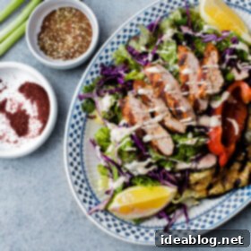 Zesty Mediterranean Chicken Salad with Sumac 8 AMAZING Mediterranean Chicken Salad with Sumac Dressing. This salad is packed with flavor and is topped with tahini dressing!
