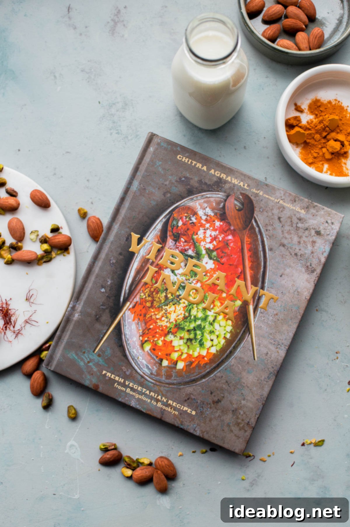 Turmeric Almond Milk - a lightly sweetened warm drink made from turmeric, almonds, and milk and infused with saffron and cardamom! Vibrant India Cookbook