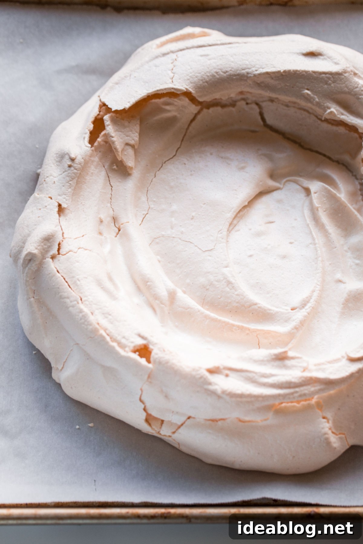 A stunning, crisp pavlova shell with characteristic cracks, ready for its luscious filling. #pavlova #meringue Close-up of a perfectly baked, crisp pavlova shell