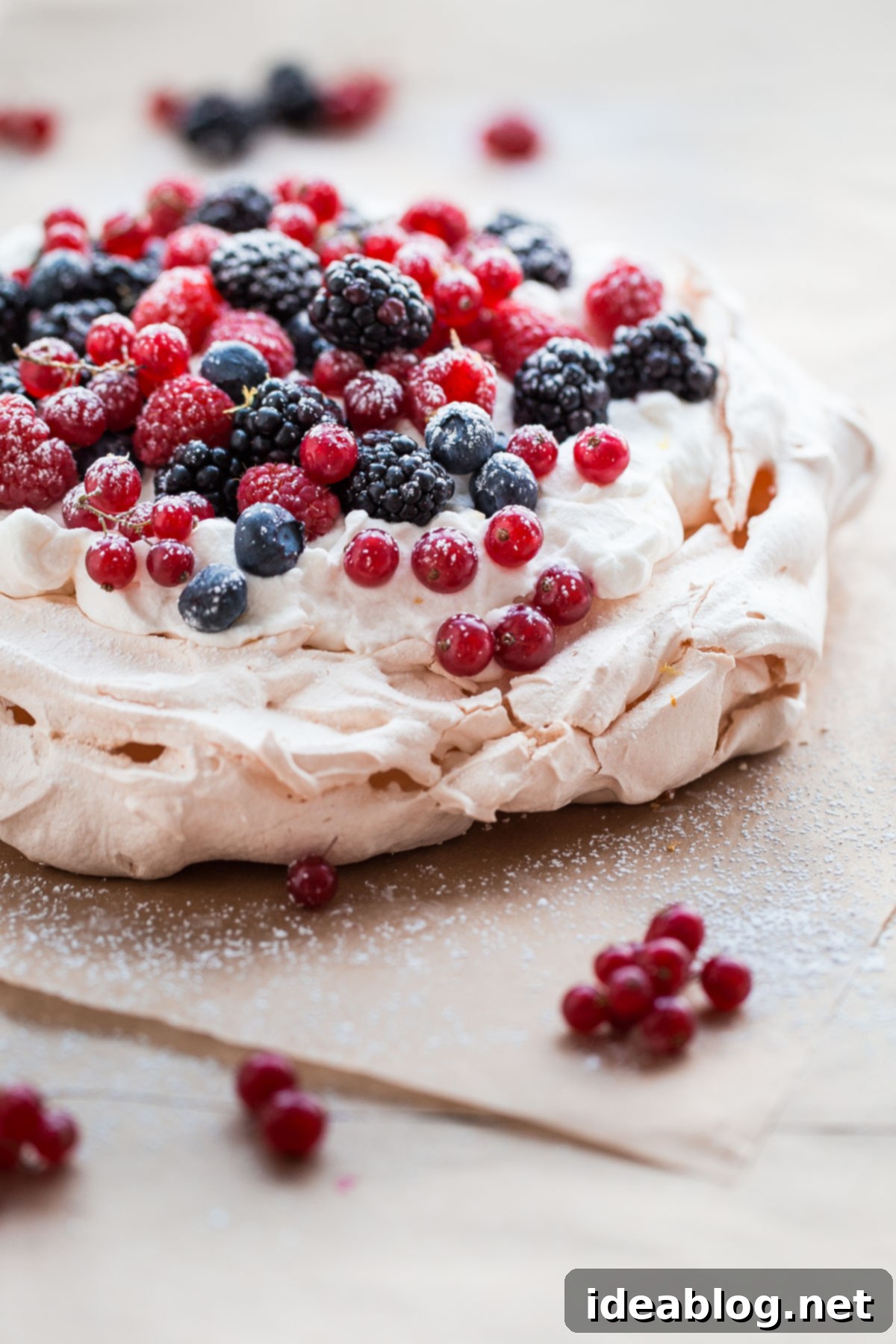 A beautifully garnished berry pavlova with lemon whipped cream, a perfect summer dessert. #dessert #berries #pavlova #recipe #meringue #lemon A stunning Berry Pavlova showcasing its lemon whipped cream and fresh berries from above.