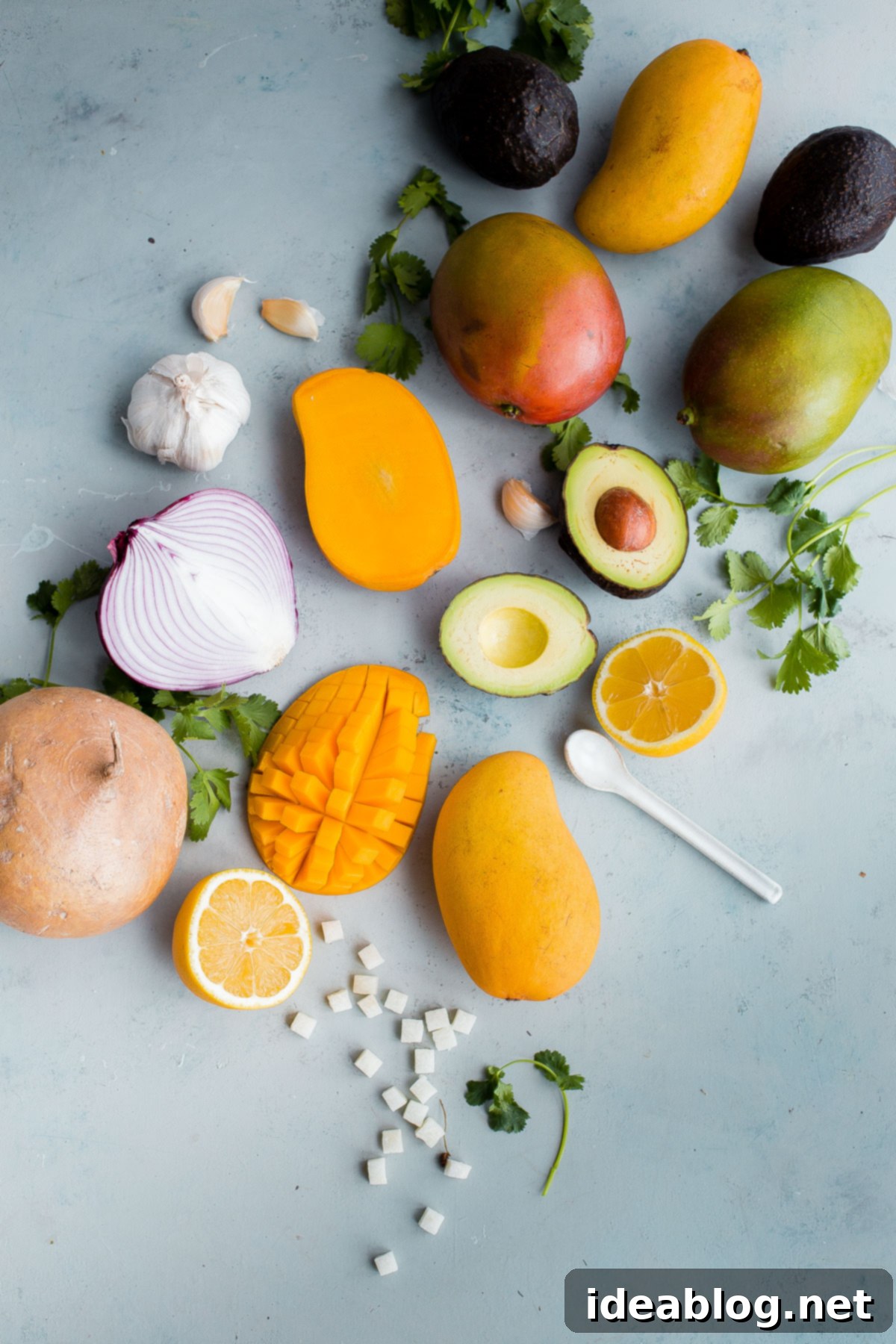 Fresh ingredients ready for Tropical Mango Guacamole preparation: creamy avocados, sweet mangos, crisp jicama, pungent red onion, fresh cilantro, and aromatic garlic. Assortment of fresh ingredients for Tropical Mango Guacamole including ripe avocados, mangos, red onion, cilantro, garlic, and jicama.