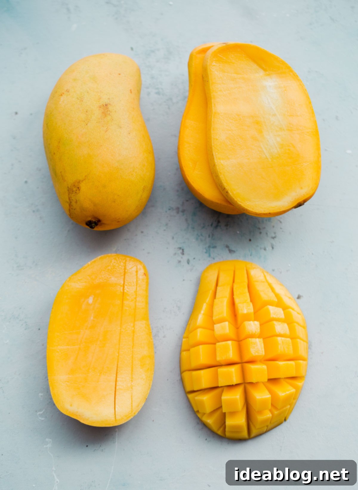 Illustrated guide to prepping and cutting a mango: positioning, slicing around the pit, scoring the flesh, and scooping it out with ease. Step-by-step guide on how to safely and efficiently prep and cut a mango for recipes, avoiding the large central pit.