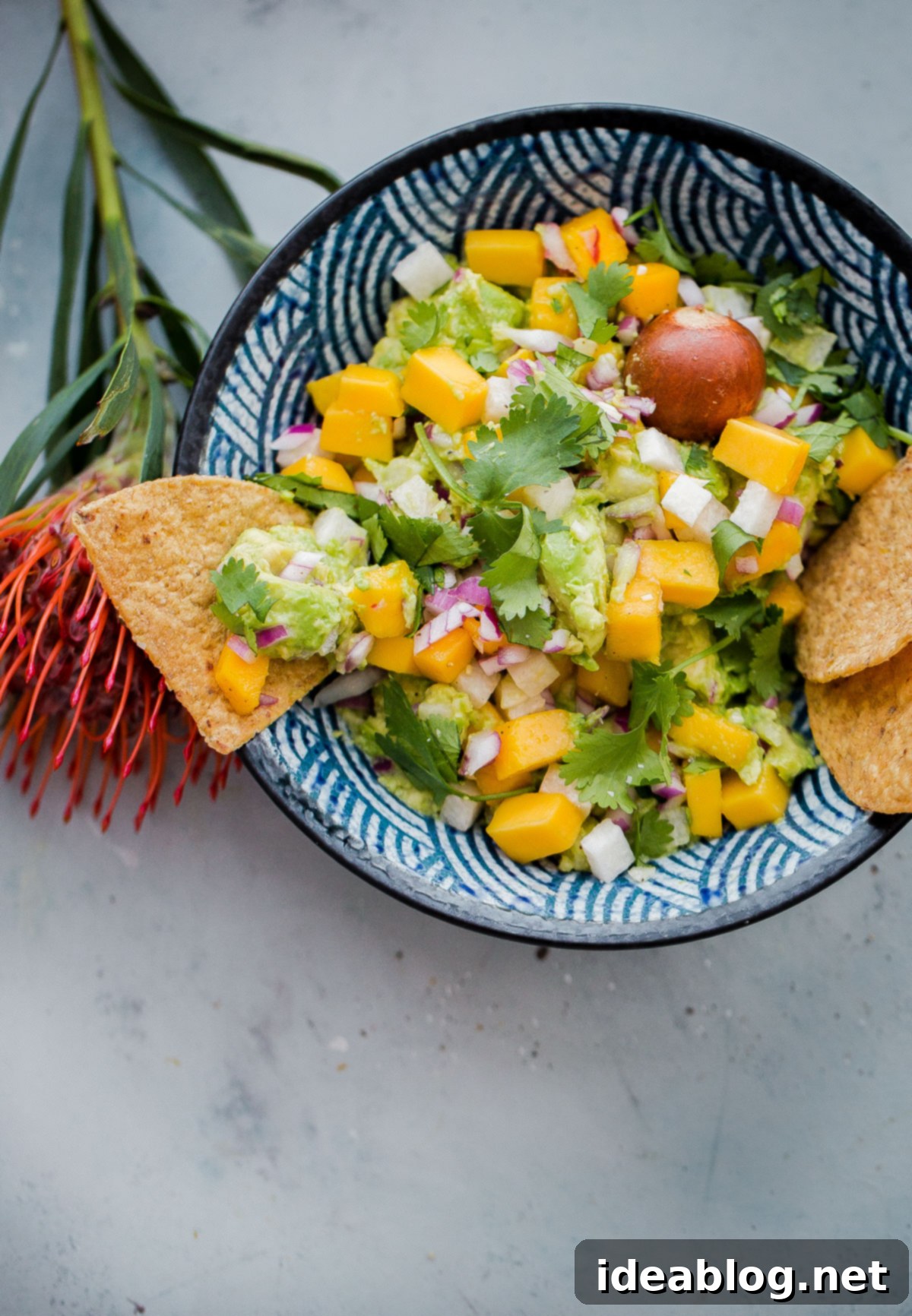 Irresistible Tropical Mango Guacamole presented in a stylish bowl, highlighting the perfect blend of creamy avocado, sweet mango, and crunchy jicama. Ready for dipping! A close-up shot of the finished Tropical Mango Guacamole in a decorative bowl, showcasing its chunky, colorful texture and inviting presentation.
