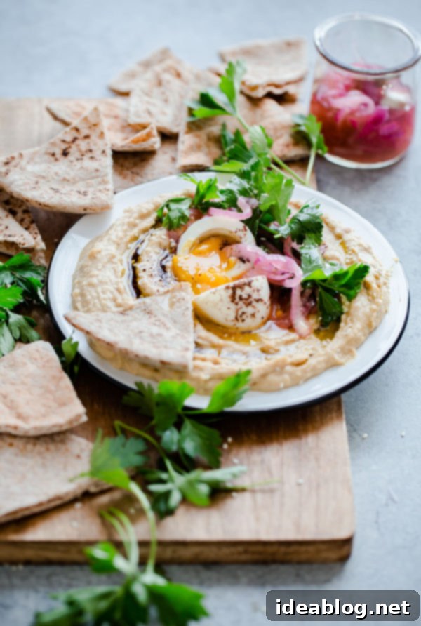 Gourmet Hummus with Jammy Egg and Sumac Kissed Onions 5 Hummus with Soft Boiled Egg, Pickled Onion, Parsley, and Sumac Oil