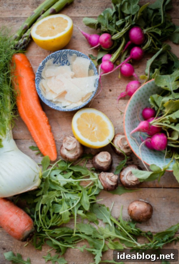 Key Ingredients for Shaved Vegetable Salad: Arugula, asparagus, radish, fennel, mushroom, carrot, parmesan, and fresh lemon. #saladingredients #freshvegetables #healthyrecipe Ingredients for Shaved Vegetable Salad with Parmesan and Lemon Vinaigrette