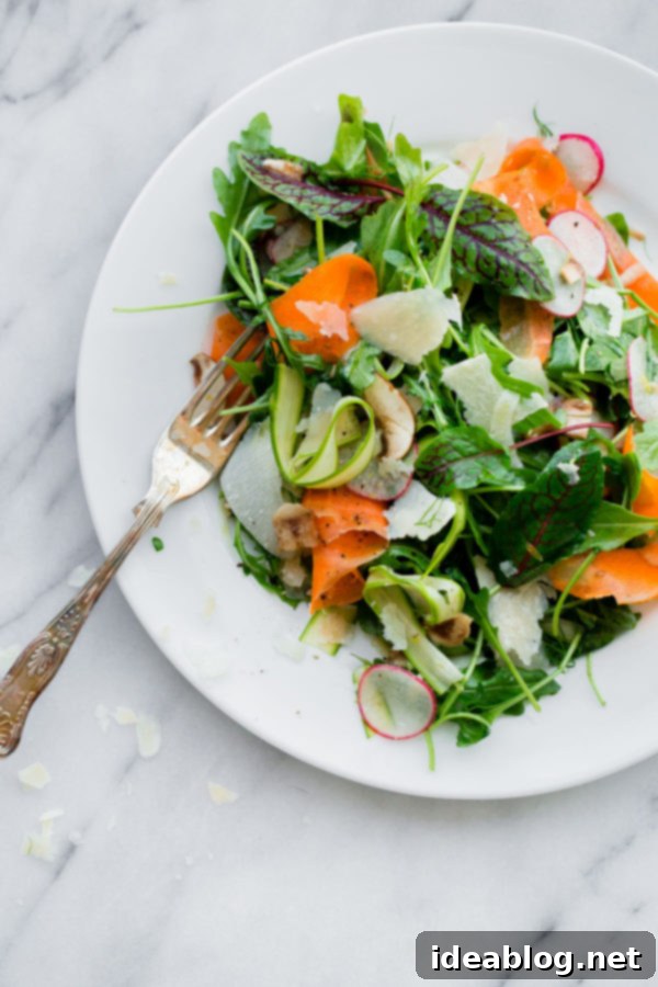 Shaved Vegetable Salad with Parmesan. This easy arugula salad recipe is mixed with shaved asparagus, radish, fennel, mushroom, and carrot and tossed with an easy lemon vinaigrette. Shaved parmigiana reggiano cheese add a lovely salty element that takes it over the top. A beautiful spring and summer salad that goes with everything! #abeautifulplate #arugula #salad #vegetables #parmesan #recipe #vegetarian #glutenfree #keto Close-up of Shaved Vegetable Salad with Fresh Sorrel Leaves